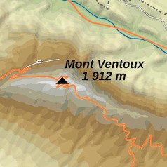 Detail van een topografische kaart met daarop de Mont Ventoux (1912 meter)