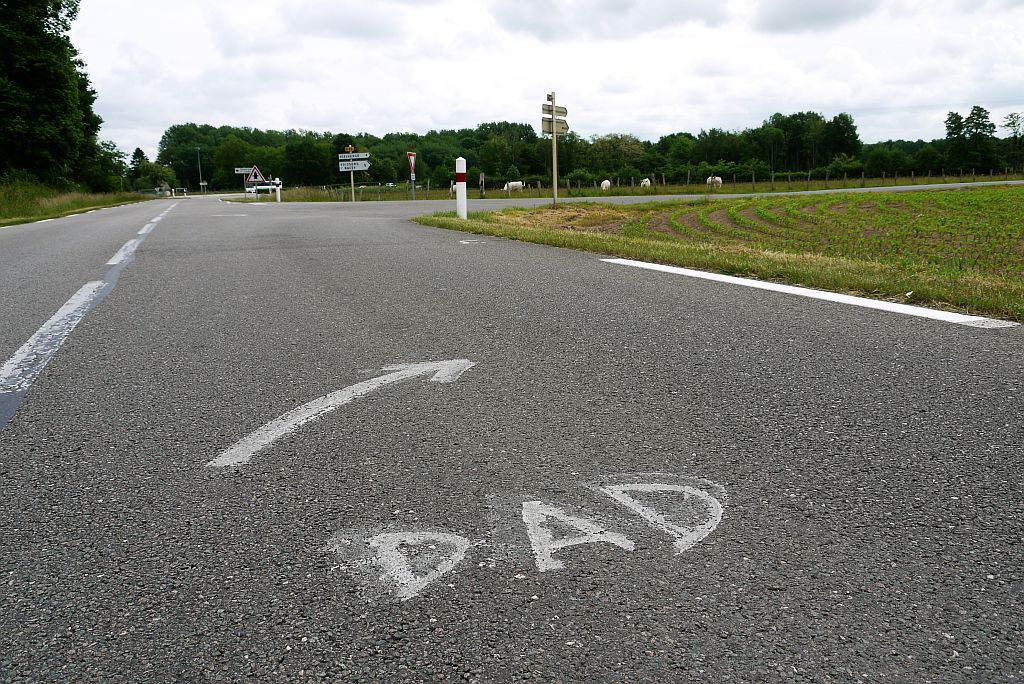 Foto van een pijl naar rechts op de weg met de letters DAD