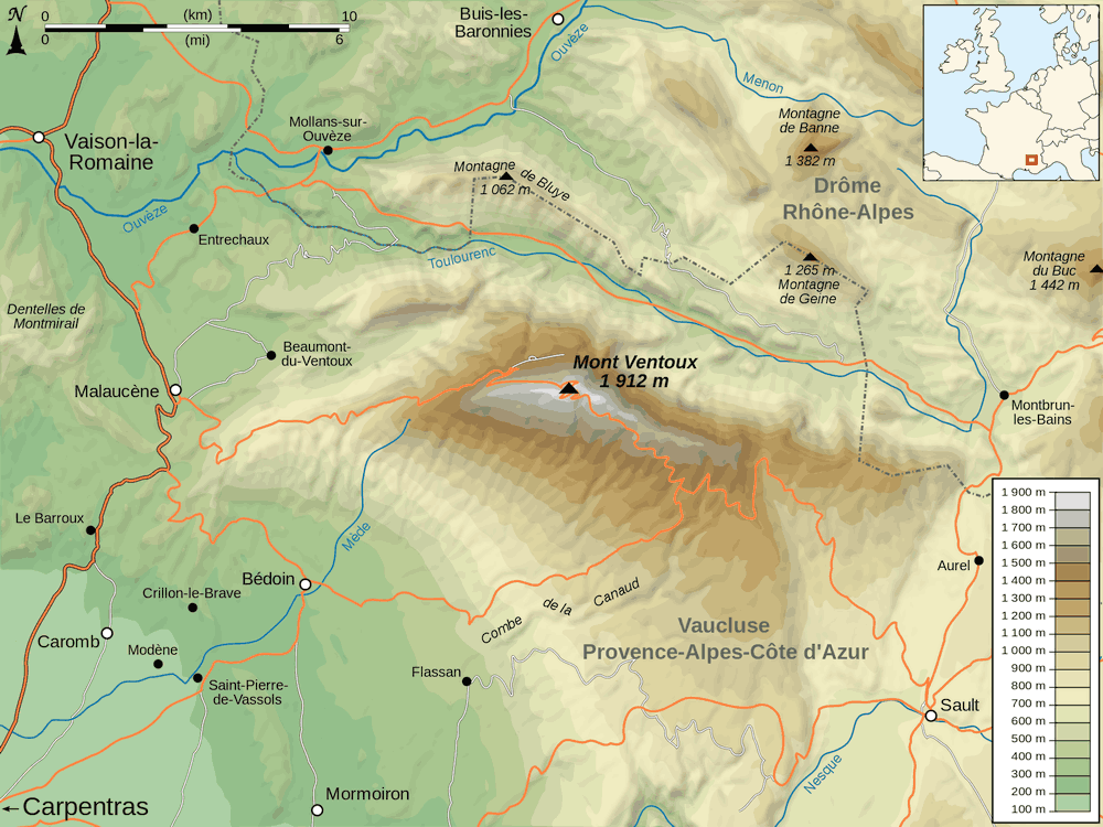 Geografische kaart van de Mont Ventoux en de directe omgeving