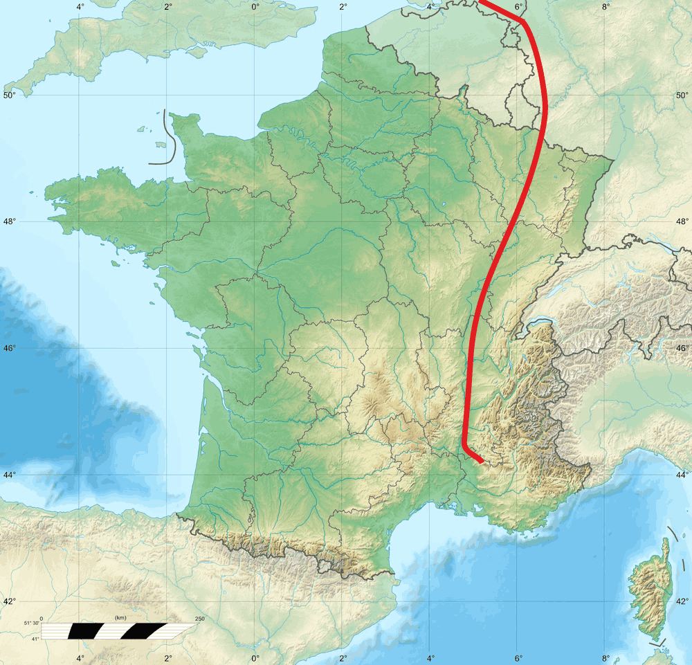 Kaart van Frankrijk waarop de route wordt aangegeven